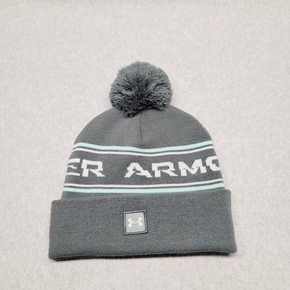 Under Armour Men's Halftime Pom Beanie Gray and Aqua Blue Classic Cuff‎ Knit Hat - Picture 1 of 3